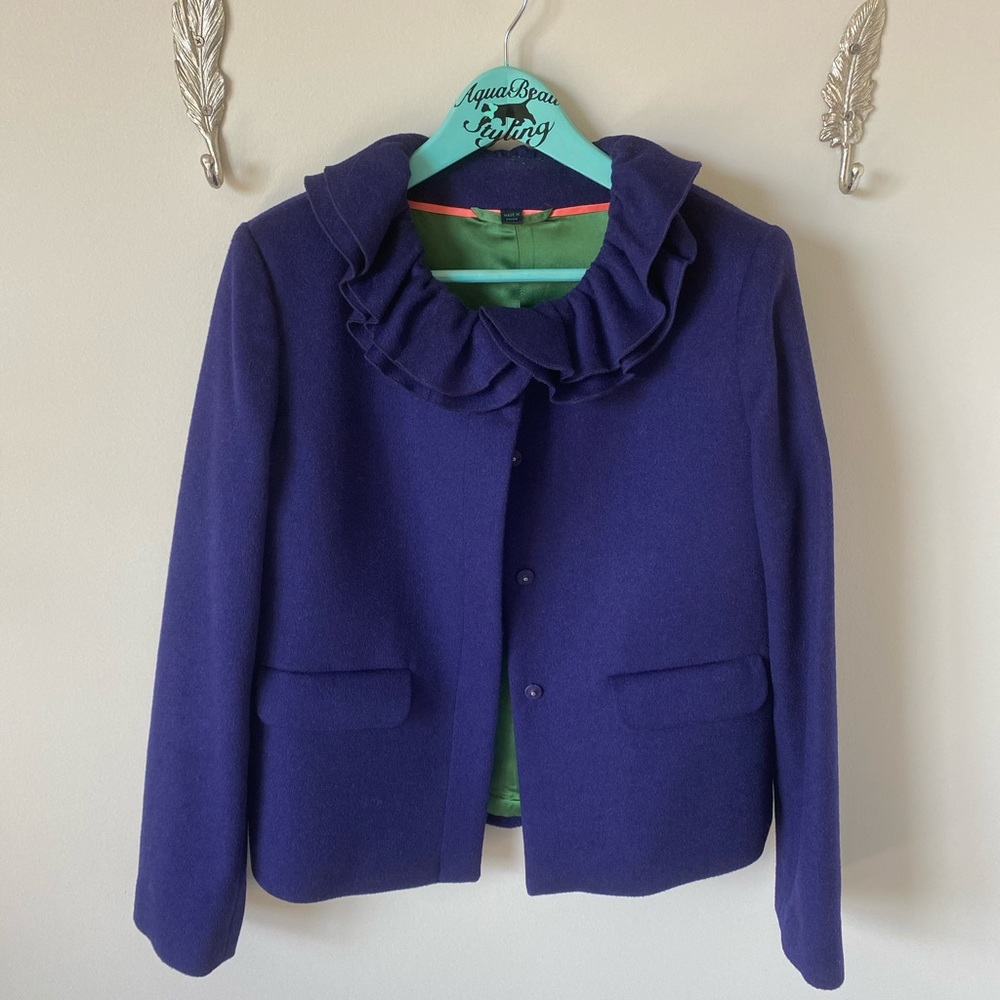 Boden Blue Ruffle Collar Blazer